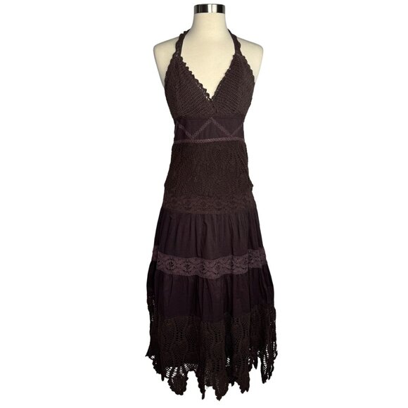VTG XOXO‎ Brown Crochet Baby Doll Maxi Dress Whimsigoth Dark Fairy 100% Cotton - Picture 1 of 12